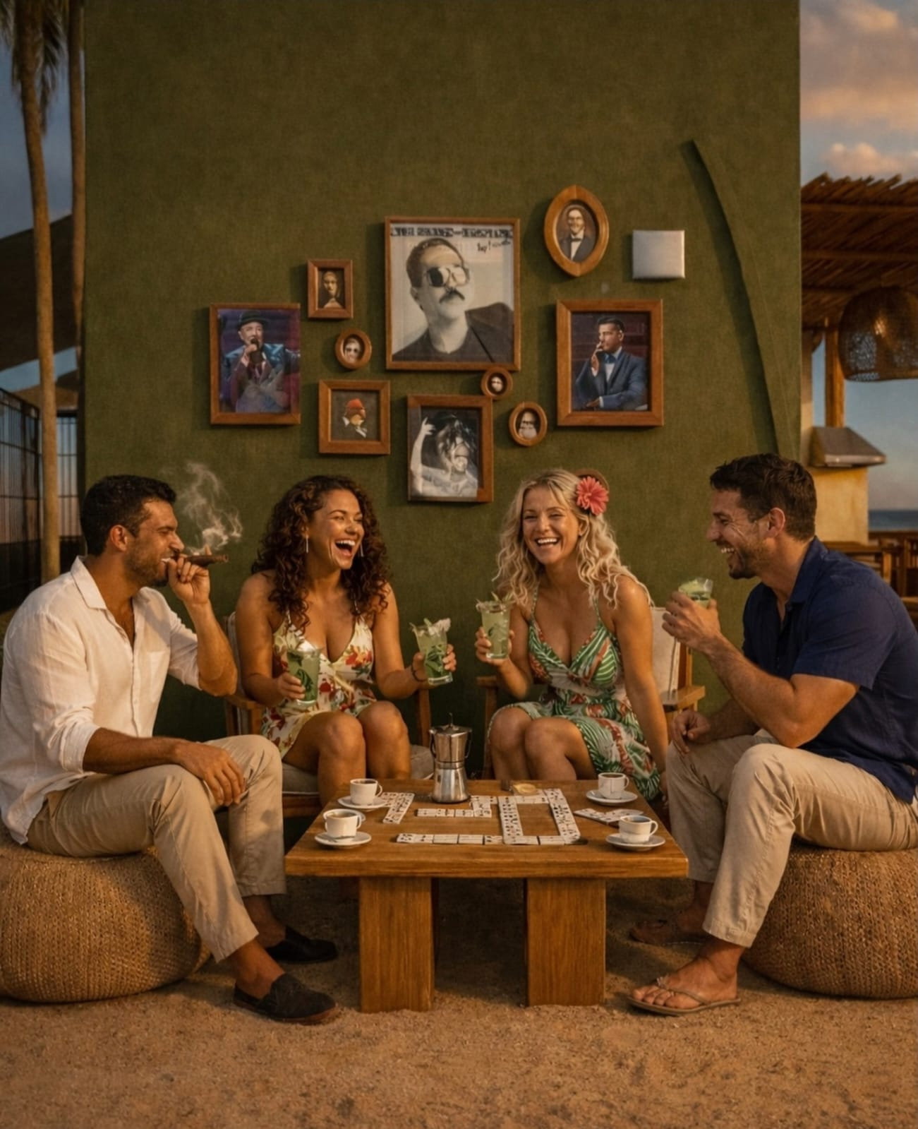 Amigos compartiendo mojitos, café y dominó en JOJOYE!